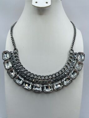 Silver Chain Necklace Chunky Diamond White Crystal Rhinestone Statement Glam